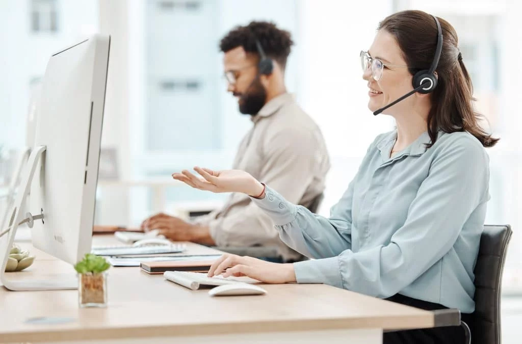 Woman, call center and smile at computer for customer support, crm or help in phone call. Consultan